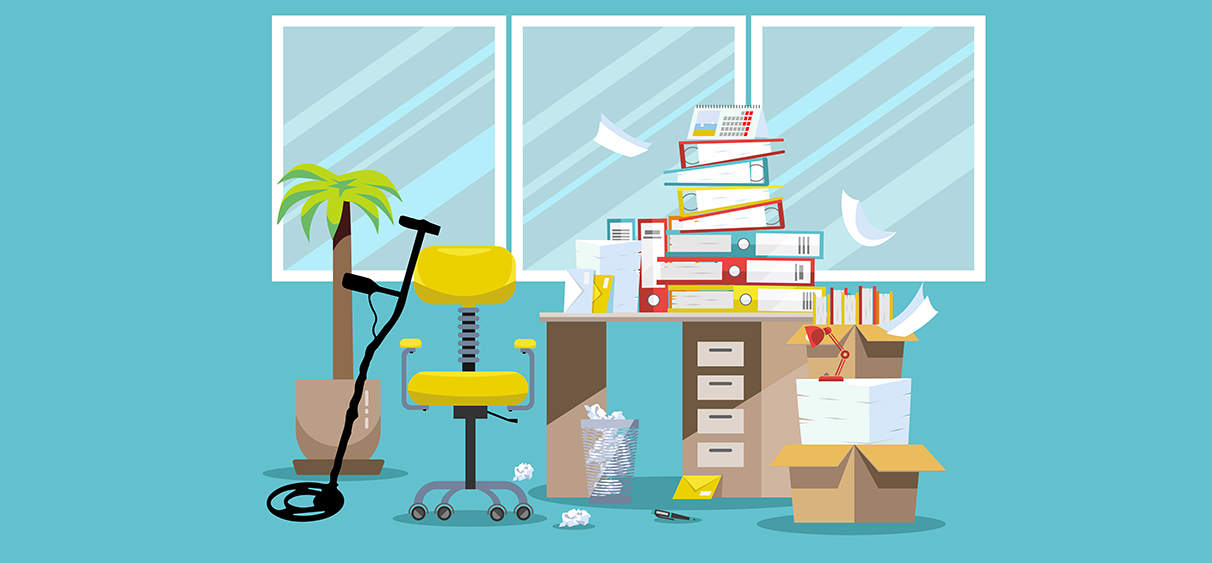 An illustration of a work desk filled with books and paper, with a metal detector leaning against a desk chair.